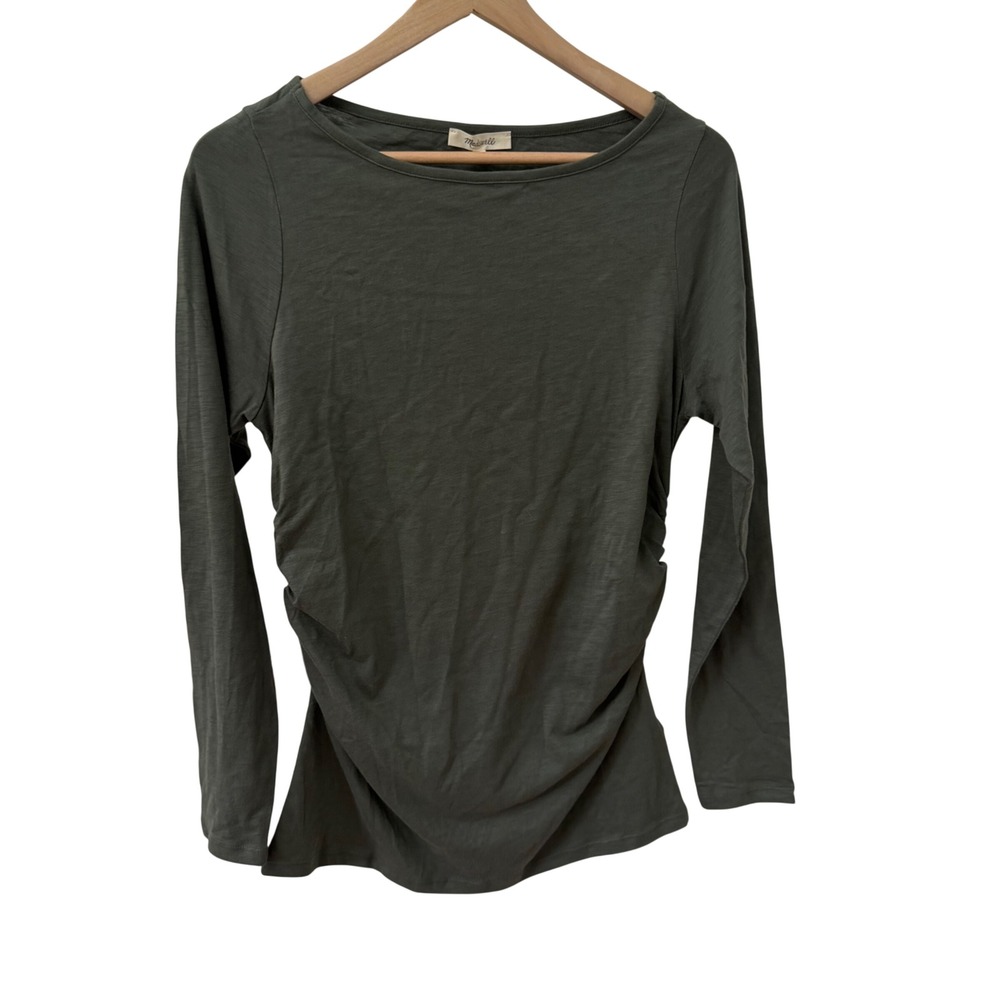Madewell Long Sleeve Tee Size M Olive Green Ruched Side Pima Cotton Boat Neck